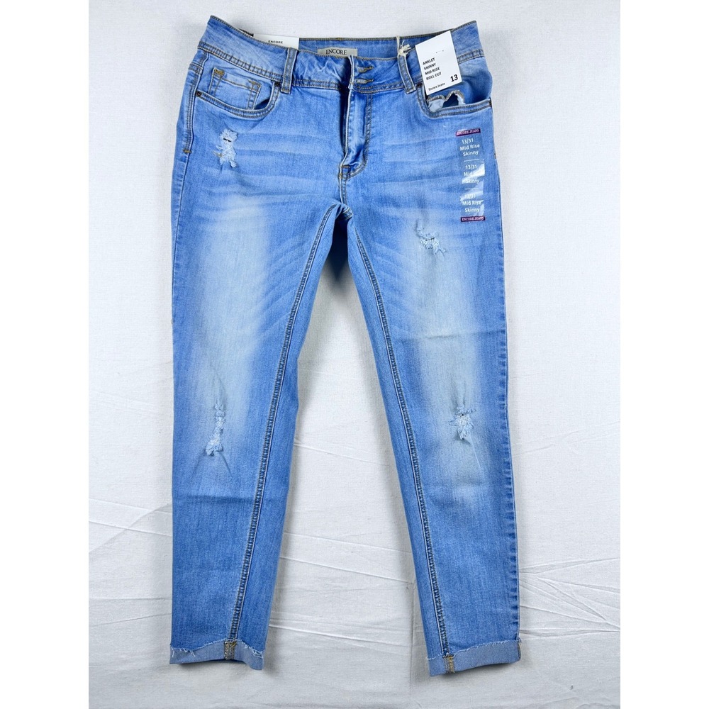 Encore Jeans Womens 13 Anklet Skinny Mid Rise Roll Cut Distressed Light Wash New